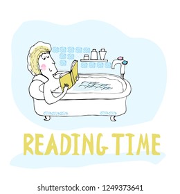 Vector illustration with a reading person in the bathroom. Reading time. For use as a sheet for advertising, leaflets, notes, card, notebook, notebook, diary, postcards. Hand drawing for your design.