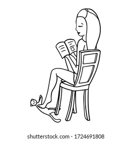 Vector illustration with reading  woman and cat at home in doodle style