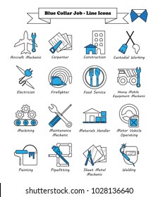 Vector Illustration Ready-To-Use 16 Blue Collar Job - Line Icons Designed as Multiple Professions Involved In Worker, Labor, Skill, Technical, Physical, Manufacturing, Mechanic, Maintenance.