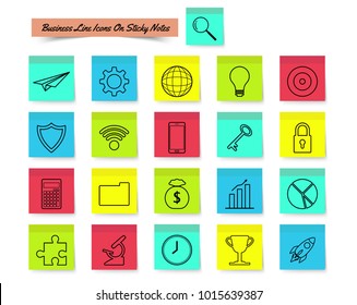 Vector Illustration Ready-To-Use 21 Business Line Icons On Sticky Notes Designed as Multiple Objects Involved In Work, Startup, Finance, Data Security, Entrepreneurship, Management, Achievement.