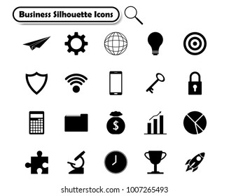 Vector Illustration Ready-To-Use 21 Silhouette Business Flat Icons Designed as Multiple Objects Involved In Work, Startup, Finance, Data Security, Entrepreneurship, Management, Achievement.