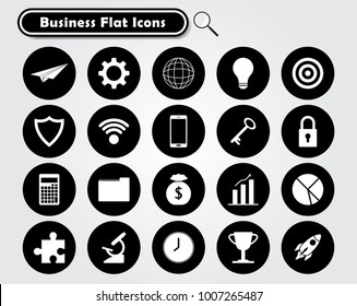 Vector Illustration Ready-To-Use 21 White Business Flat Icons On Black Circles Designed as Multiple Objects Involved In Work, Startup, Finance, Data Security, Entrepreneurship, Management, Achievement