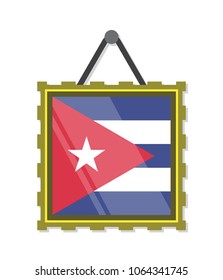 vector illustration real 3d cuba flag in gold frame glass on white background