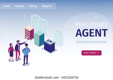 Vector Illustration Real Estate Agent Isometric. People Express their Wishes Regarding Choice Housing for Themselves Real Estate Agent. Realtor Shows an Object for Sale Landing Page.