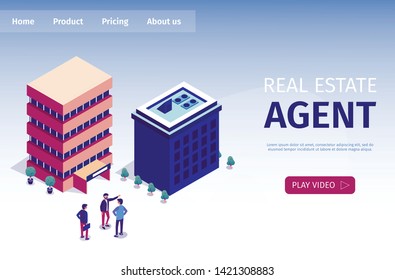 Vector Illustración Agente Inmobiliario Isometric. La gente expresa sus deseos con respecto a la vivienda elegida para sí mismo agente inmobiliario. Realtor muestra un objeto para la página de destino de ventas.