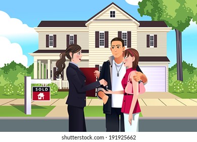 A Vector Illustration Of Real Estate Agent In Front Of A Sold House With Her Customer