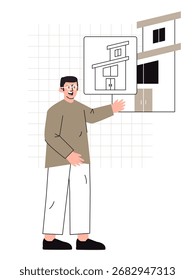 Ilustración vectorial de agentes inmobiliarios que presentan temas de la casa relacionados con la venta de viviendas Administración de propiedades inmobiliarias y encontrar un nuevo hogar para la familia o el inversor