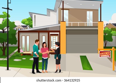 A Vector Illustration Of Real Estate Agent Handing The Key To A Couple