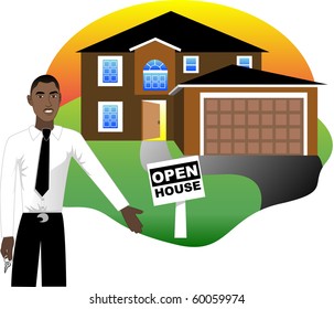 Vector Illustration. A real estate agent with keys advertising an open house viewing. Version 5 of 8.