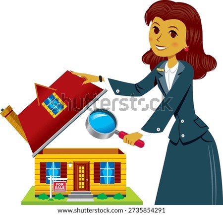 A vector illustration of a real estate agent or buyer inspecting a house with a magnifying glass. The property displays a “FOR SALE” sign, emphasizing careful evaluation before purchase, home inspection, and property search. Ideal for real estate, property marketing, and home buying concepts.