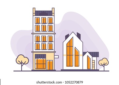 Vector illustration for real estate business: Urban and suburban buildings or houses made in a flat linear style. Suburban neighborhood real estate icon.