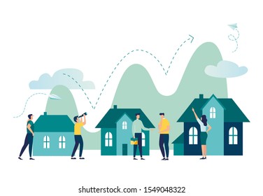 Vector illustration, Real estate business concept with houses, rising real estate market, increasing the value of houses and square meters vector - Shutterstock ID 1549048322