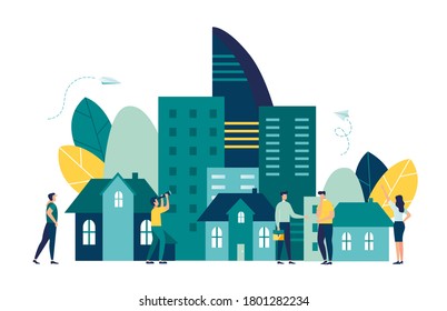 Vector illustration, real estate business concept with houses, real estate market growth, exchange of living space, presentation of a house, house for an apartment vector