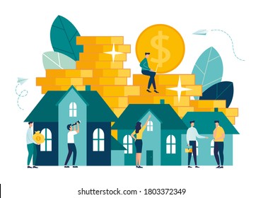 Vector illustration, real estate business concept with houses, market growth, real estate investment, home purchase, home presentation vector