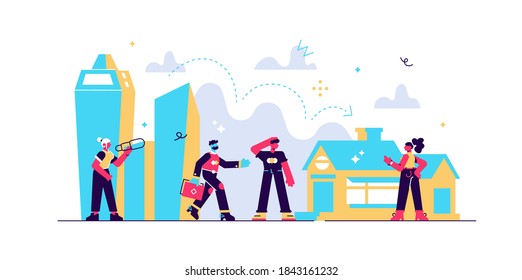 Vector illustration, real estate business concept with houses, real estate market growth, exchange of living space, presentation of a house, house for an apartment vector