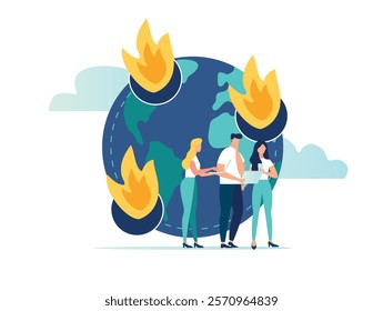 Vector illustration, real estate business concept with houses, real estate market on fire, increase in value of houses and square meters, real estate insurance