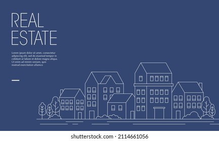 Vector illustration of real estate complex with outline style. Suitable for design element of urban building landscape and real estate promotional banner. Geometric cityscape copy space template.