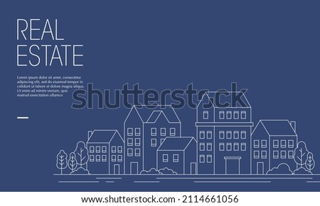 Vector illustration of real estate complex with outline style. Suitable for design element of urban building landscape and real estate promotional banner. Geometric cityscape copy space template.