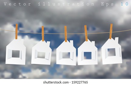 ilustración vectorial del concepto inmobiliario con casas de papel en cuerda