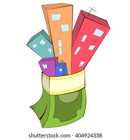 Vector illustration of a real estate concept - buying and selling house. Houses with money stack. Business concept illustration.