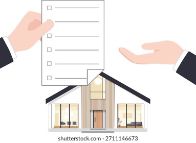 Ilustração vetorial da entrega de documentos imobiliários com a moderna casa escandinava com um design interior sofisticado com paredes naturais de madeira e branco e grandes janelas com iluminação quente.