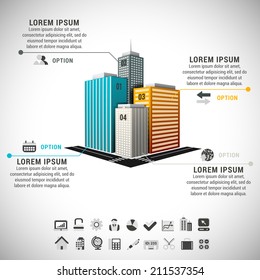 Vector illustration of real estate infographic made of buildings. 