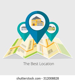 Vector illustration of real estate infographic pointing to the house. Real estate, house for sale, installment sale, credit,rent.  The best location