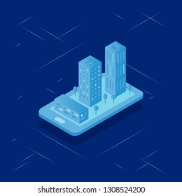 Vector illustration with real estate isometric. Smart city technology. 