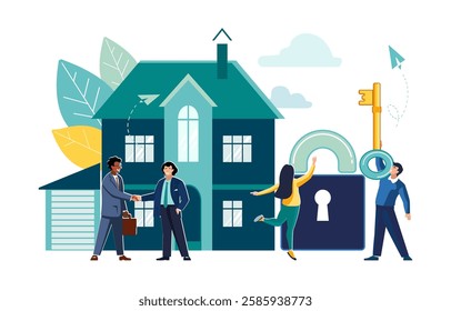 Vector illustration. Real estate and turnkey rental, house purchase, security. People, realtor, business concept with houses, real estate market growth. Exchange of living space, presentation of house