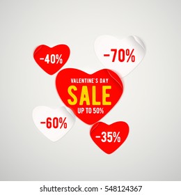 Vector illustration of real red paper heart with text and percent sign isolated on light background for valentines day sale template
