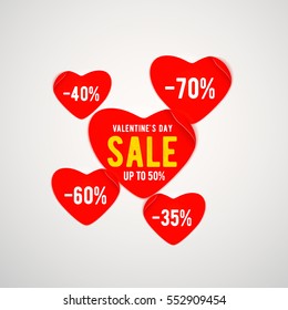 Vector illustration of real red paper heart with text and percent sign isolated on light background for valentines day sale template