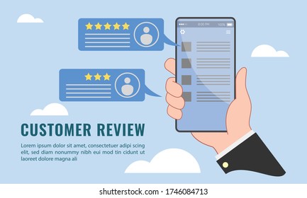 Vector illustration of Real time and online customer review concept. Hand holding a smartphone and reading customer review, testimony, testimonial notification. 	