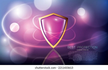 vector illustration realistic 3D beautiful shield on the glittering modern dark background.