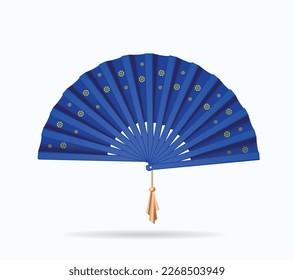 Vector illustration realistic 3d blue folding asian hand fan 