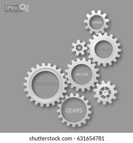 Vector illustration of realistic 3d gears on grey background. Infographic template. Cover design. Place for text. eps 10 vector illustration.