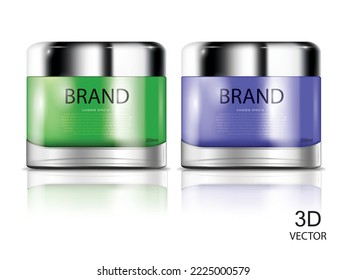 vector illustration realistic 3D green and blue color cosmetic cream jars design template.on white background,use for cosmetic products presentation ad design.