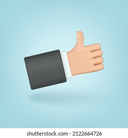 vector illustration realistic 3d hand showing thumbs up, sign like, great, ok on light blue background. positive gesture with fingers, quality assessment