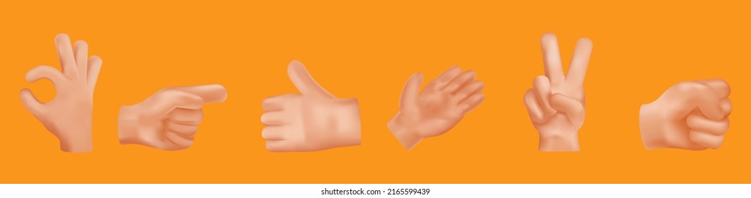 Vector illustration of realistic 3d hands in cartoon style.  Hand shows different gestures signs.