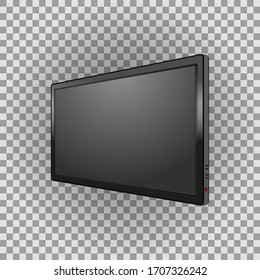  Ilustración vectorial. 3d Led TV realista, botón apagado. Pantalla ancha sobre fondo transparente. Imagen en negro del monitor. Vista de perspectiva. Elemento para diseños.