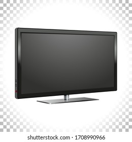 Vector illustration. Realistic 3d Led TV, on off button. LCD wide screen on transparent background. Black monitor immage. Angle view. Element for designs.