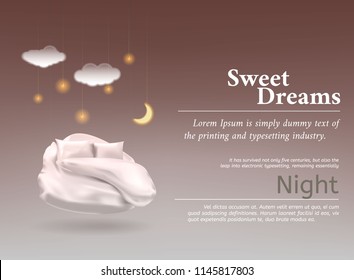 Vector illustration with realistic 3D pastel, blanket, pillow for best sleep, comfortable sleep.