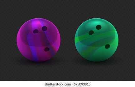 Vector illustration realistic 3D purple and green bowling ball set. Isolated on a transparent checkered background. Design element. EPS10