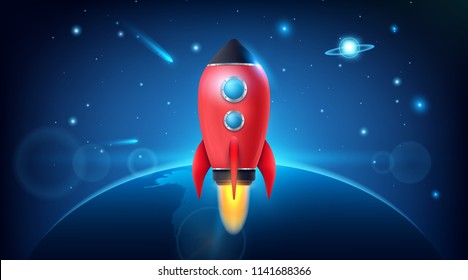 Vector illustration of realistic 3D rocket space ship launch isolated on transparent background. Space exploration. Art design startup creative idea. Abstract concept graphic element