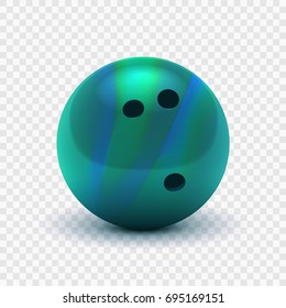 Vector illustration realistic 3D striped green blue bowling ball. Isolated on a transparent checkered background. Design element. EPS10