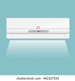 Vector illustration realistic air conditioner isolated on blue background. Air conditioner icon. Air conditioner on the wall