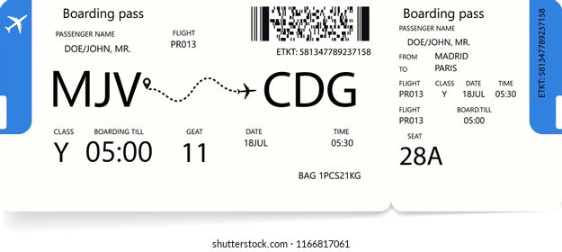 Vector illustration of realistic airline ticket or boarding pass design with flight time and passenger name. Concept of travel