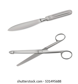 Vector illustration of realistic amputation knife and intestinal dissecting scissors. Medical instruments.