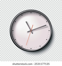 Vector illustration of realistic analog clock with shadow on transparent backgroung. Fully editable.