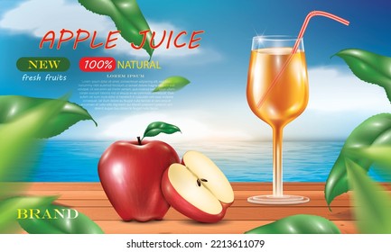 ilustración vectorial de vidrio de jugo de manzana realista y frutos de manzana roja 3D realistas sobre el hermoso fondo natural, uso para publicidad y etiqueta de jugo de manzana.