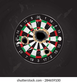 vector illustration of realistic archery target board got shot, bullet hole, black background, metal, dark 